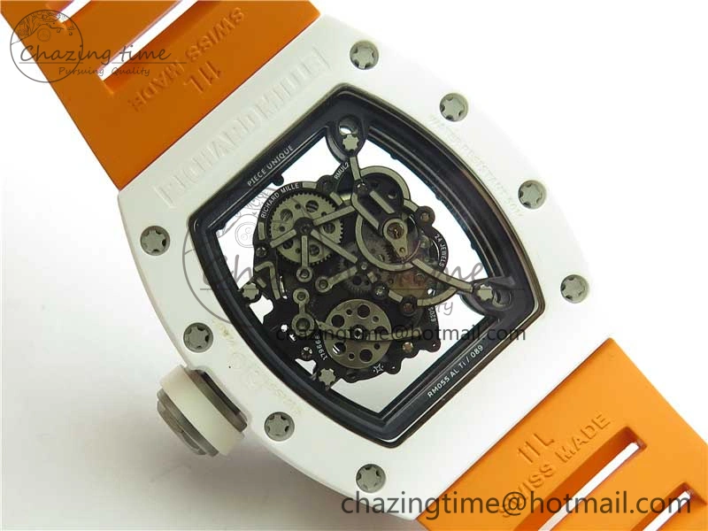 RM055 White Ceramic KVF Best Edition Skeleton Dial Black on Orange Rubber Strap MIYOTA8215 V Bright 9408