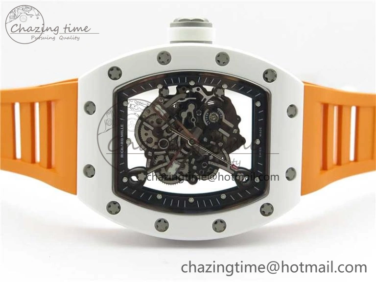 RM055 White Ceramic KVF Best Edition Skeleton Dial Black on Orange Rubber Strap MIYOTA8215 V Bright 9408