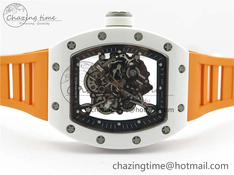 RM055 White Ceramic KVF Best Edition Skeleton Dial Black on Orange Rubber Strap MIYOTA8215 V Bright 9408