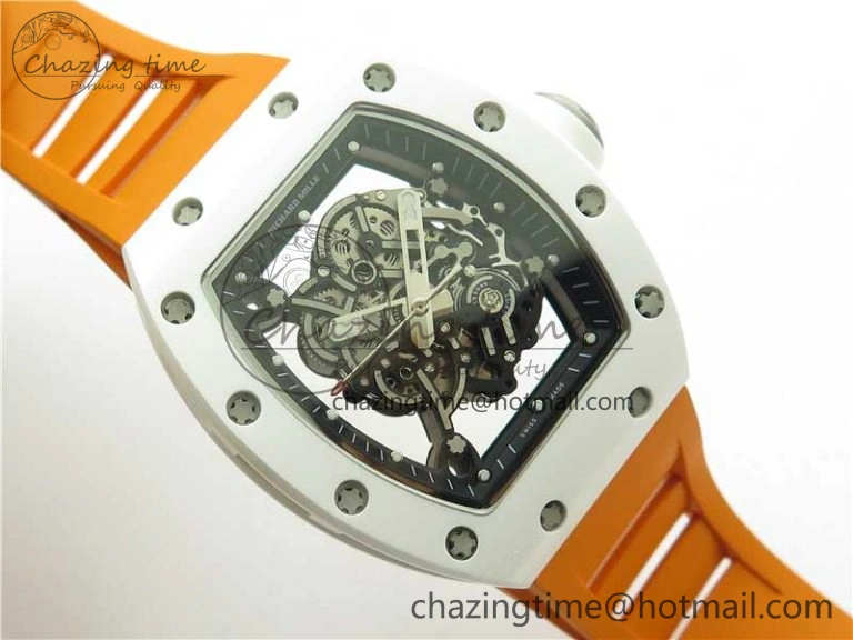 RM055 White Ceramic KVF Best Edition Skeleton Dial Black on Orange Rubber Strap MIYOTA8215 V Bright 9408