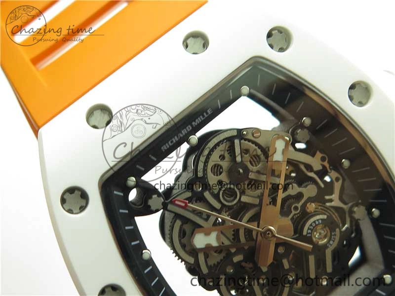 RM055 White Ceramic KVF Best Edition Skeleton Dial Black on Orange Rubber Strap MIYOTA8215 V Bright 9408