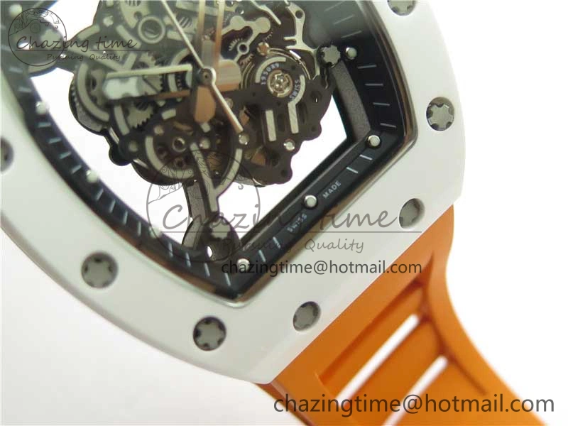 RM055 White Ceramic KVF Best Edition Skeleton Dial Black on Orange Rubber Strap MIYOTA8215 V Bright 9408