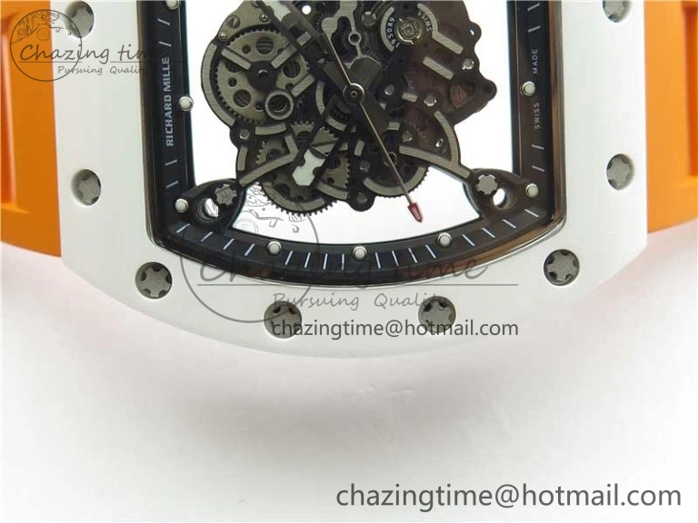 RM055 White Ceramic KVF Best Edition Skeleton Dial Black on Orange Rubber Strap MIYOTA8215 V Bright 9408