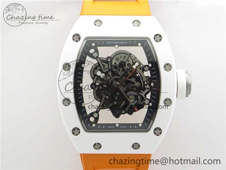 RM055 White Ceramic KVF Best Edition Skeleton Dial Black on Orange Rubber Strap MIYOTA8215 V Bright 9408