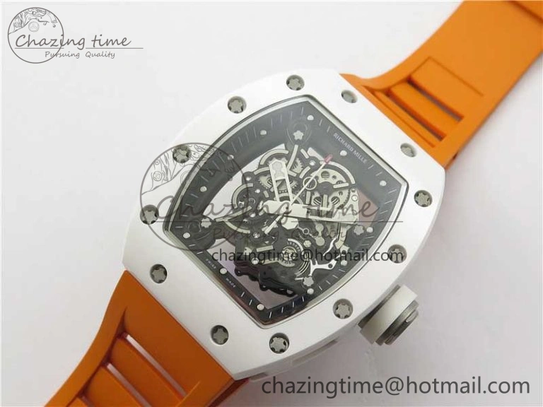 RM055 White Ceramic KVF Best Edition Skeleton Dial Black on Orange Rubber Strap MIYOTA8215 V Bright 9408