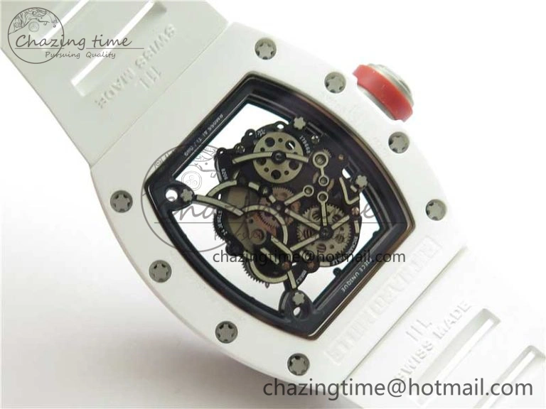 RM055 White Ceramic KVF Best Edition Skeleton Dial Black on White Rubber Strap MIYOTA8215 V Premium 9409