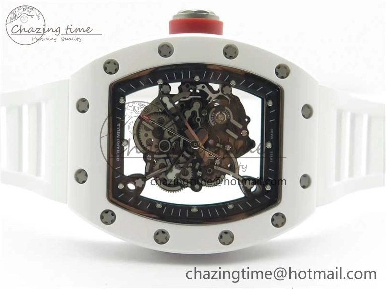 RM055 White Ceramic KVF Best Edition Skeleton Dial Black on White Rubber Strap MIYOTA8215 V Premium 9409