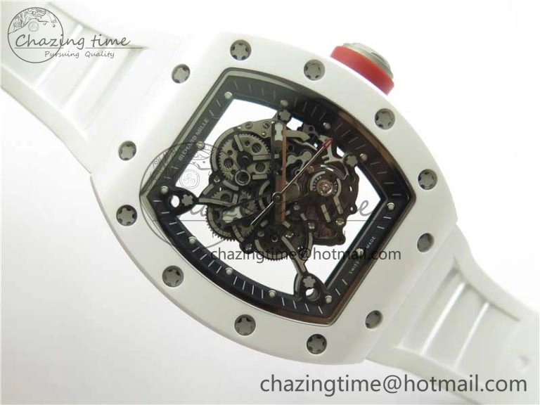 RM055 White Ceramic KVF Best Edition Skeleton Dial Black on White Rubber Strap MIYOTA8215 V Premium 9409