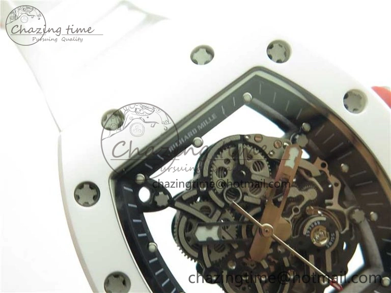 RM055 White Ceramic KVF Best Edition Skeleton Dial Black on White Rubber Strap MIYOTA8215 V Premium 9409