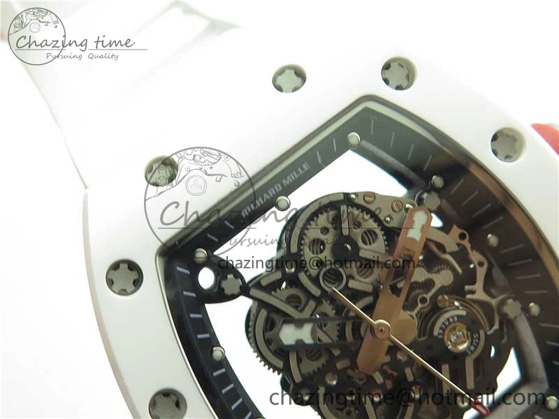 RM055 White Ceramic KVF Best Edition Skeleton Dial Black on White Rubber Strap MIYOTA8215 V Premium 9409