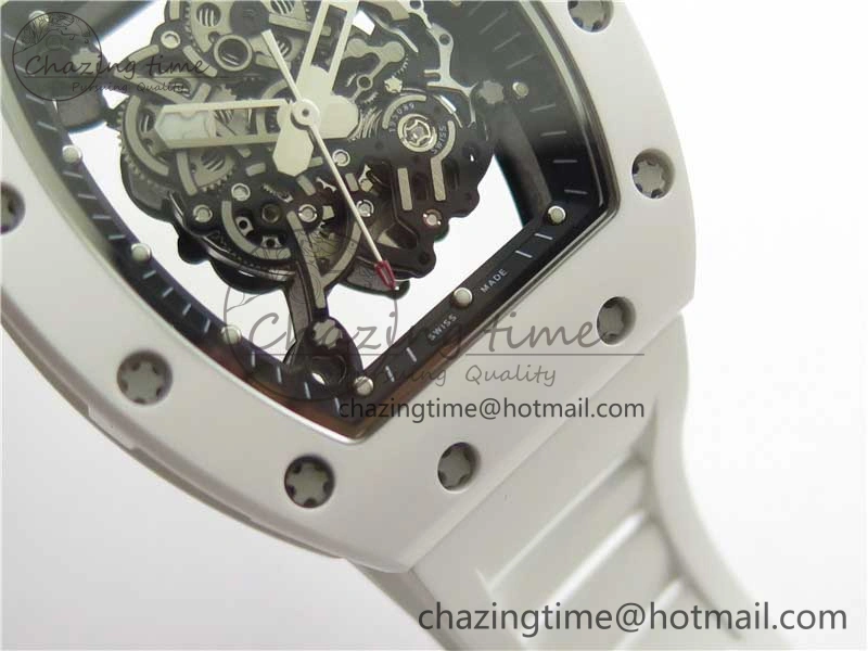 RM055 White Ceramic KVF Best Edition Skeleton Dial Black on White Rubber Strap MIYOTA8215 V Premium 9409