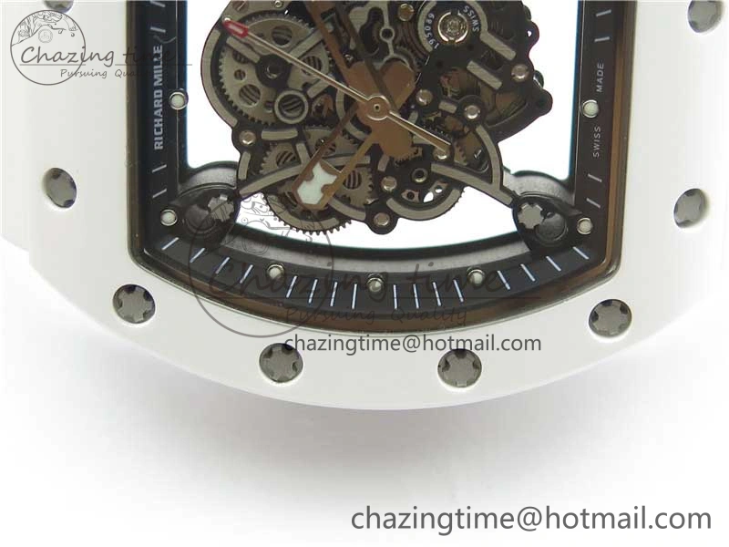 RM055 White Ceramic KVF Best Edition Skeleton Dial Black on White Rubber Strap MIYOTA8215 V Premium 9409
