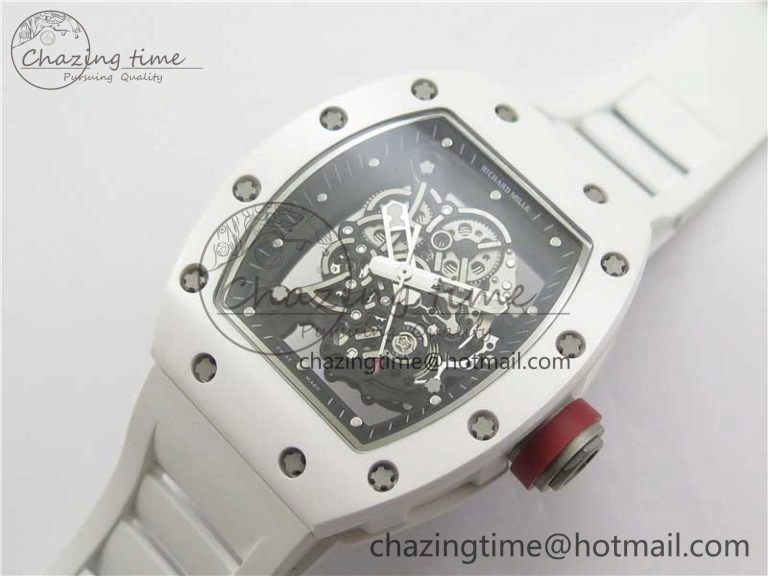 RM055 White Ceramic KVF Best Edition Skeleton Dial Black on White Rubber Strap MIYOTA8215 V Premium 9409