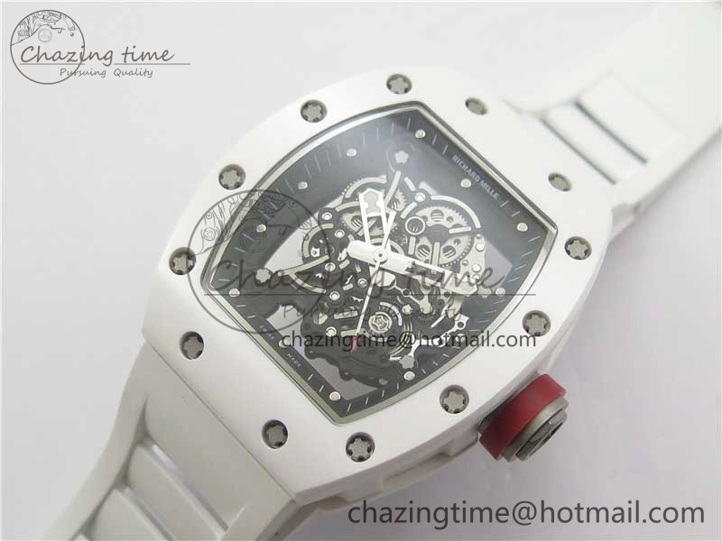 RM055 White Ceramic KVF Best Edition Skeleton Dial Black on White Rubber Strap MIYOTA8215 V Premium 9409