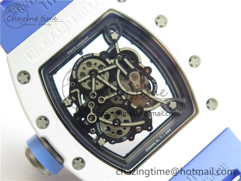 Unisex RM055 White Ceramic KVF Best Edition Skeleton Dial Blue on Rubber Strap MIYOTA8215 V 9410