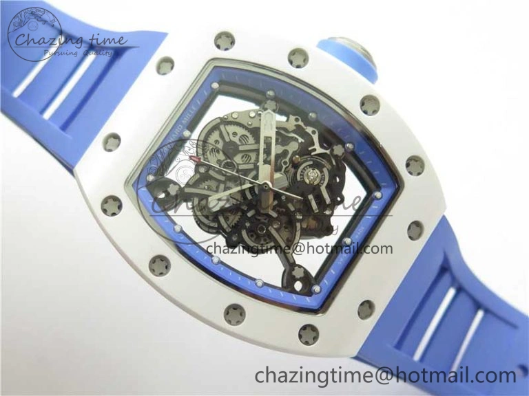 Unisex RM055 White Ceramic KVF Best Edition Skeleton Dial Blue on Rubber Strap MIYOTA8215 V 9410