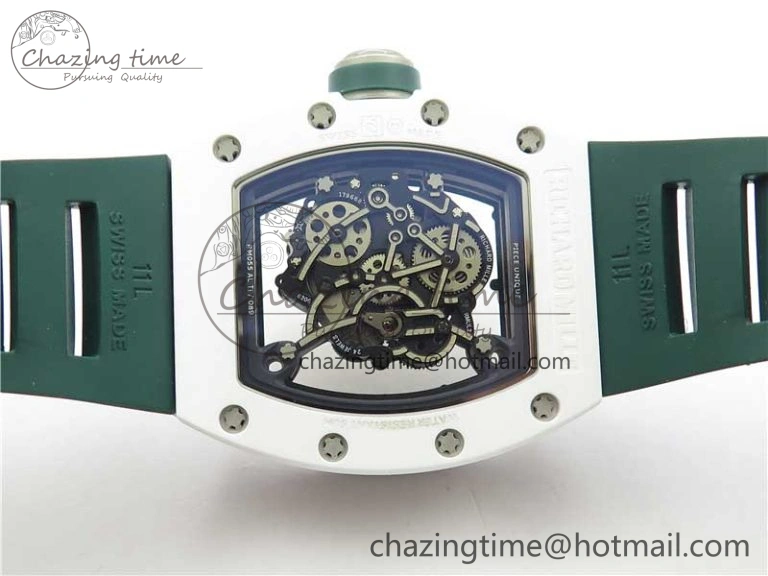 RM055 White Ceramic KVF Best Edition Skeleton Dial Green on Green Rubber Strap MIYOTA8215 V WrinkleFree 9432