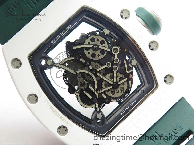 RM055 White Ceramic KVF Best Edition Skeleton Dial Green on Green Rubber Strap MIYOTA8215 V WrinkleFree 9432