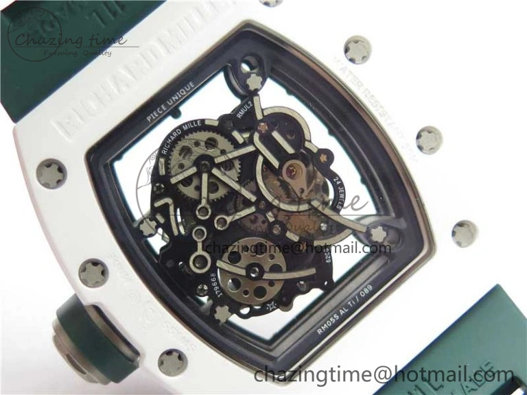 RM055 White Ceramic KVF Best Edition Skeleton Dial Green on Green Rubber Strap MIYOTA8215 V WrinkleFree 9432