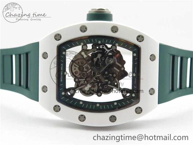 RM055 White Ceramic KVF Best Edition Skeleton Dial Green on Green Rubber Strap MIYOTA8215 V WrinkleFree 9432