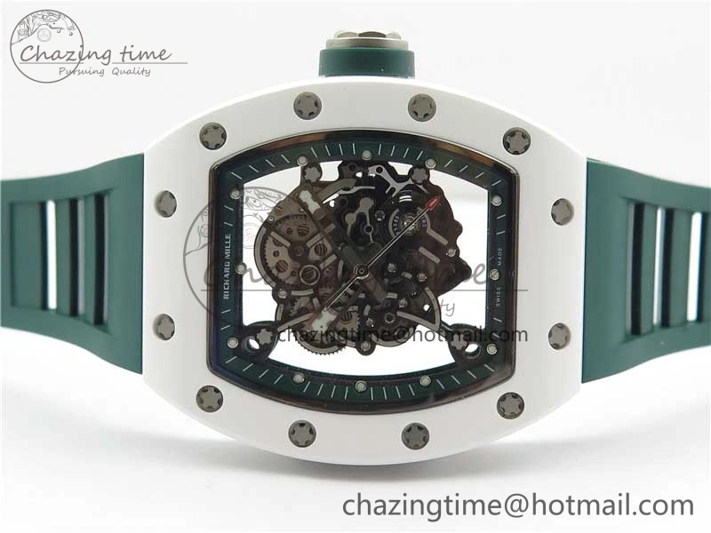 RM055 White Ceramic KVF Best Edition Skeleton Dial Green on Green Rubber Strap MIYOTA8215 V WrinkleFree 9432