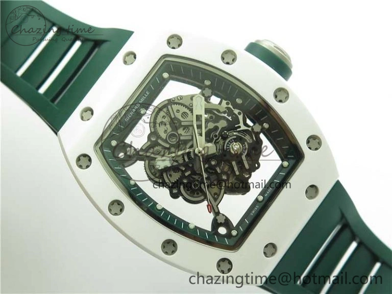 RM055 White Ceramic KVF Best Edition Skeleton Dial Green on Green Rubber Strap MIYOTA8215 V WrinkleFree 9432