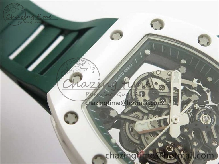 RM055 White Ceramic KVF Best Edition Skeleton Dial Green on Green Rubber Strap MIYOTA8215 V WrinkleFree 9432