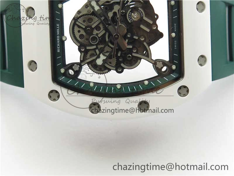 RM055 White Ceramic KVF Best Edition Skeleton Dial Green on Green Rubber Strap MIYOTA8215 V WrinkleFree 9432