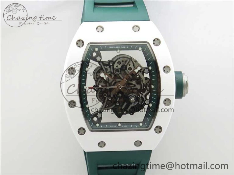RM055 White Ceramic KVF Best Edition Skeleton Dial Green on Green Rubber Strap MIYOTA8215 V WrinkleFree 9432