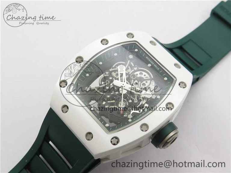 RM055 White Ceramic KVF Best Edition Skeleton Dial Green on Green Rubber Strap MIYOTA8215 V WrinkleFree 9432