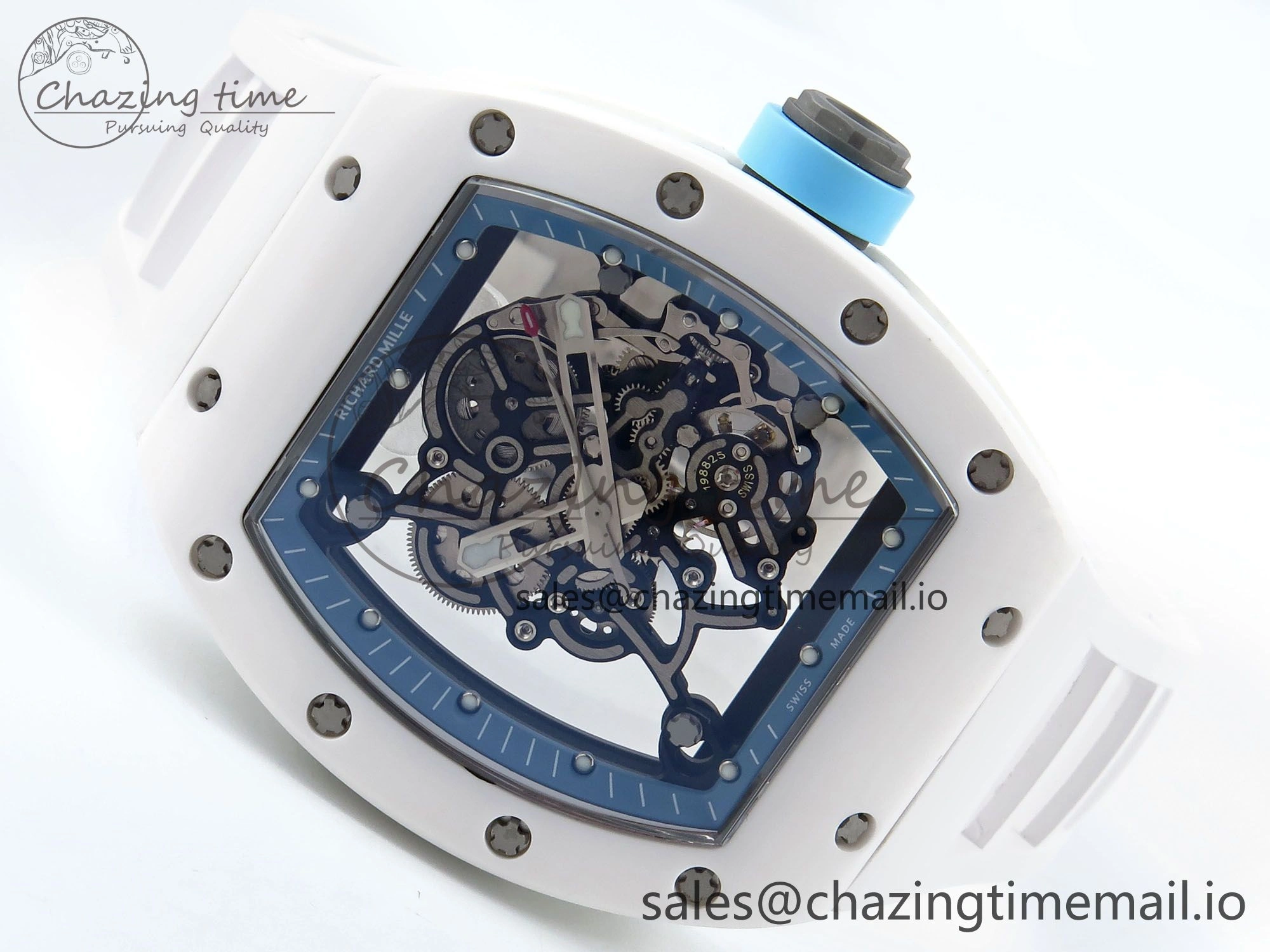 Functional RM055 White Ceramic RMF Best Edition Blue Skeleton Dial On White Rubber Strap RMUL2 Super Clone 9220