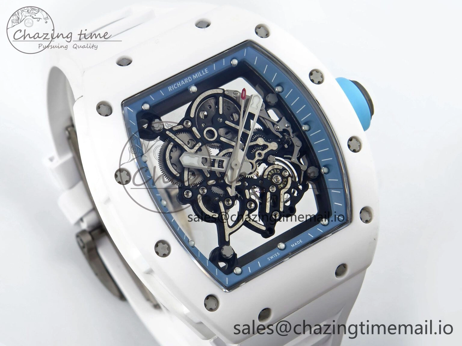 Functional RM055 White Ceramic RMF Best Edition Blue Skeleton Dial On White Rubber Strap RMUL2 Super Clone 9220