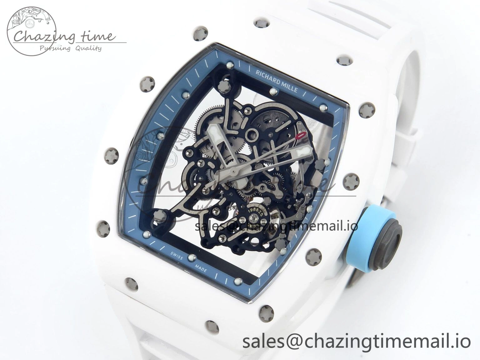 Functional RM055 White Ceramic RMF Best Edition Blue Skeleton Dial On White Rubber Strap RMUL2 Super Clone 9220