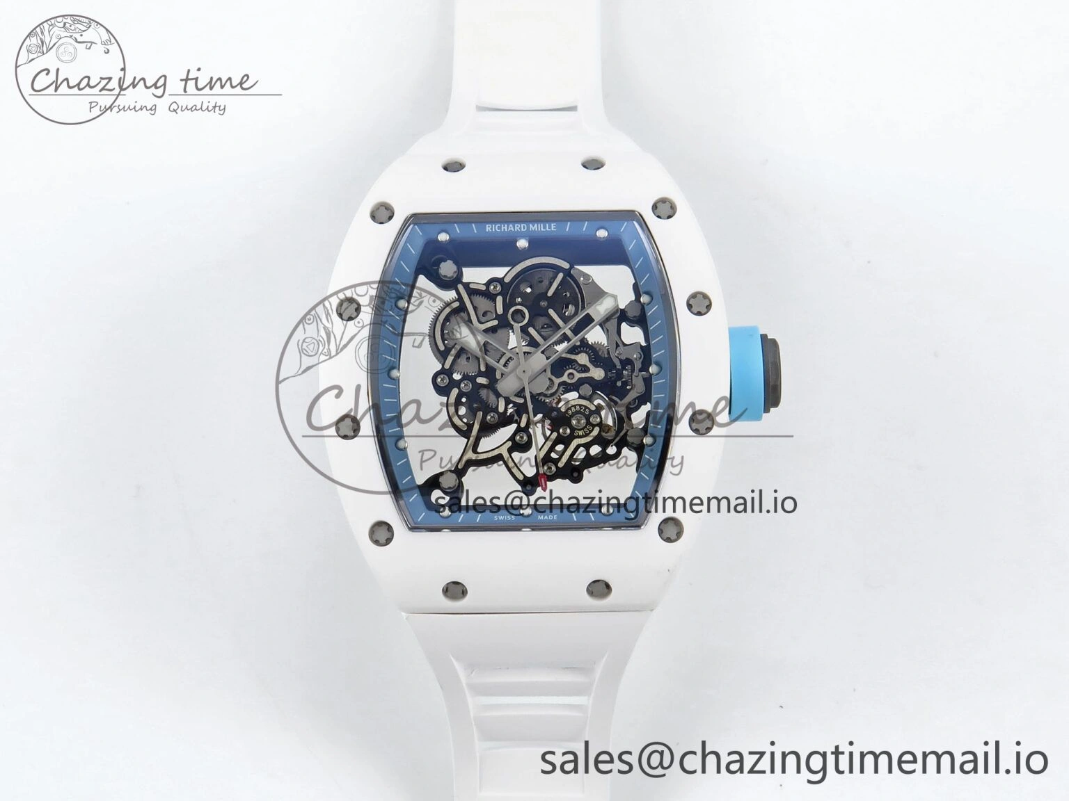 Functional RM055 White Ceramic RMF Best Edition Blue Skeleton Dial On White Rubber Strap RMUL2 Super Clone 9220