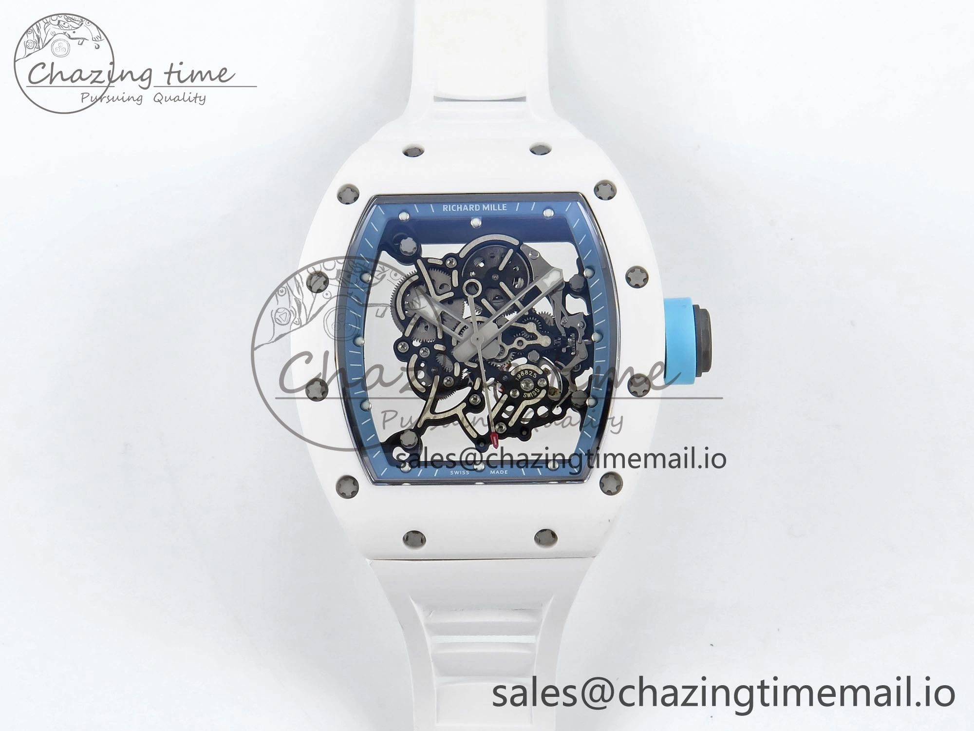 Functional RM055 White Ceramic RMF Best Edition Blue Skeleton Dial On White Rubber Strap RMUL2 Super Clone 9220