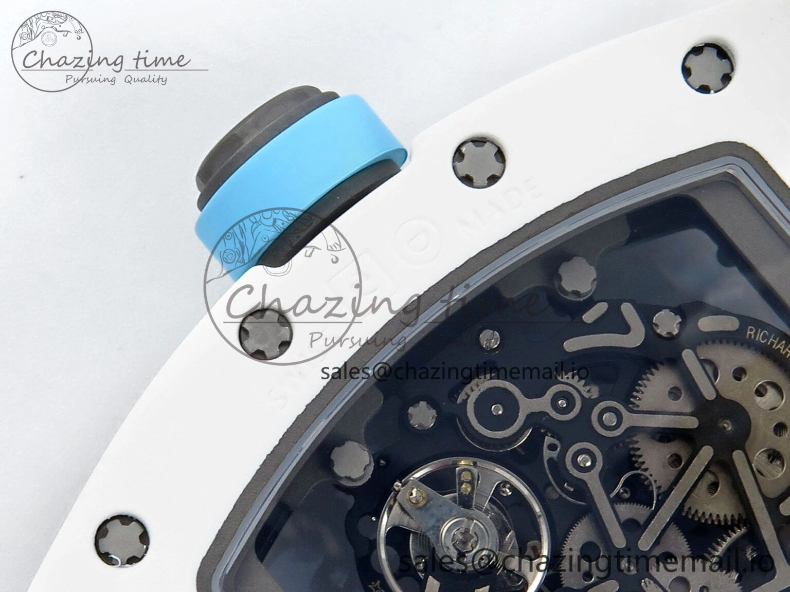 Functional RM055 White Ceramic RMF Best Edition Blue Skeleton Dial On White Rubber Strap RMUL2 Super Clone 9220