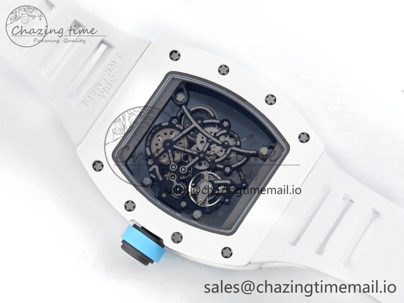 Functional RM055 White Ceramic RMF Best Edition Blue Skeleton Dial On White Rubber Strap RMUL2 Super Clone 9220