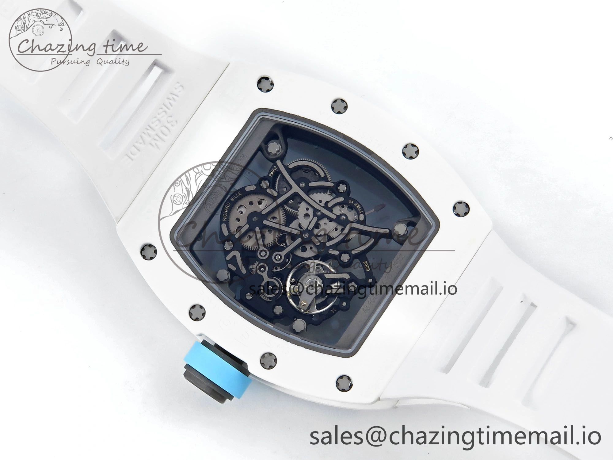 Functional RM055 White Ceramic RMF Best Edition Blue Skeleton Dial On White Rubber Strap RMUL2 Super Clone 9220