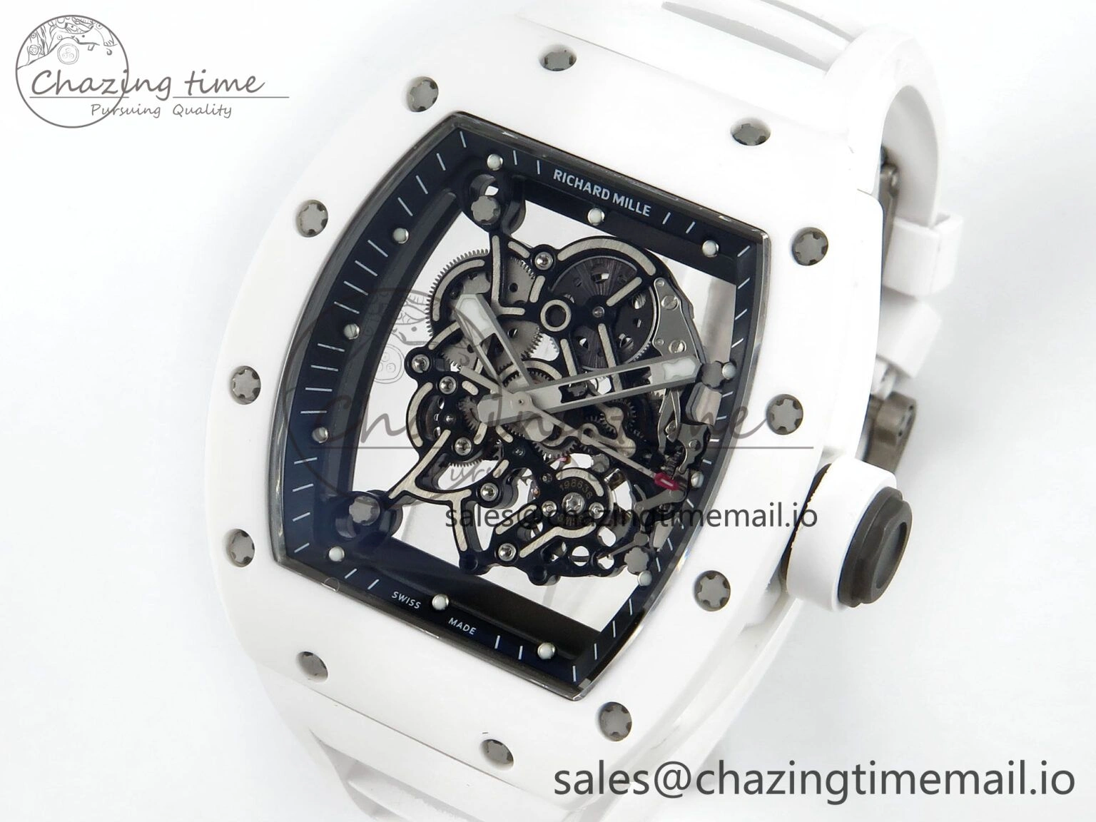 Packable RM055 White Ceramic RMF Best Edition Skeleton Dial On White Rubber Strap RMUL2 Super Clone 9221