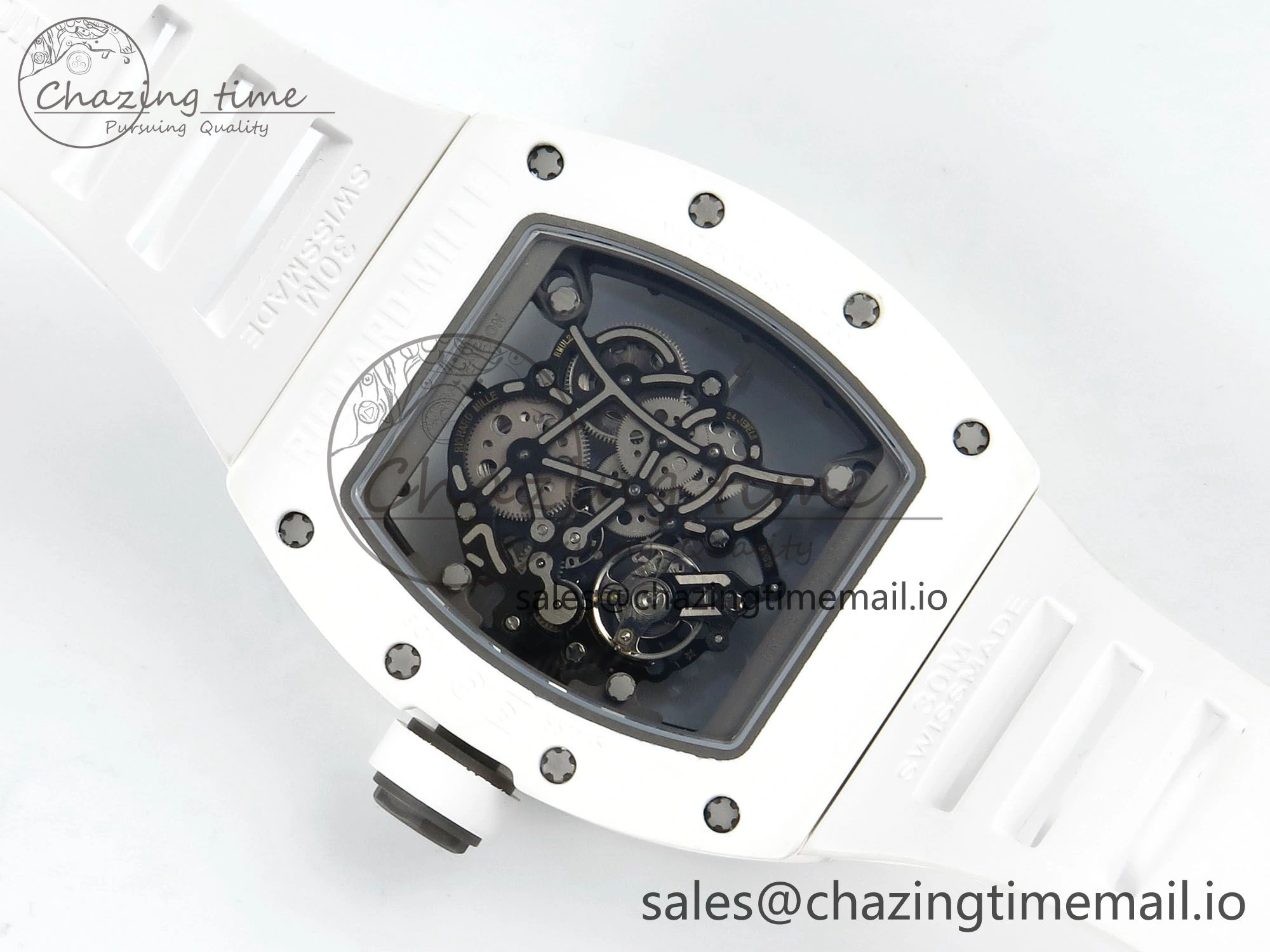 Packable RM055 White Ceramic RMF Best Edition Skeleton Dial On White Rubber Strap RMUL2 Super Clone 9221