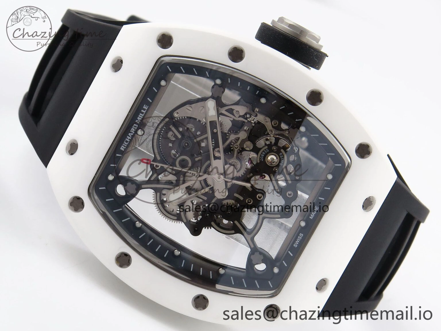 RM055 White Ceramic T+F 1:1 Best Edition Black Skeleton Dial on Black Rubber Strap RMUL2 Super Clone Bright 9244
