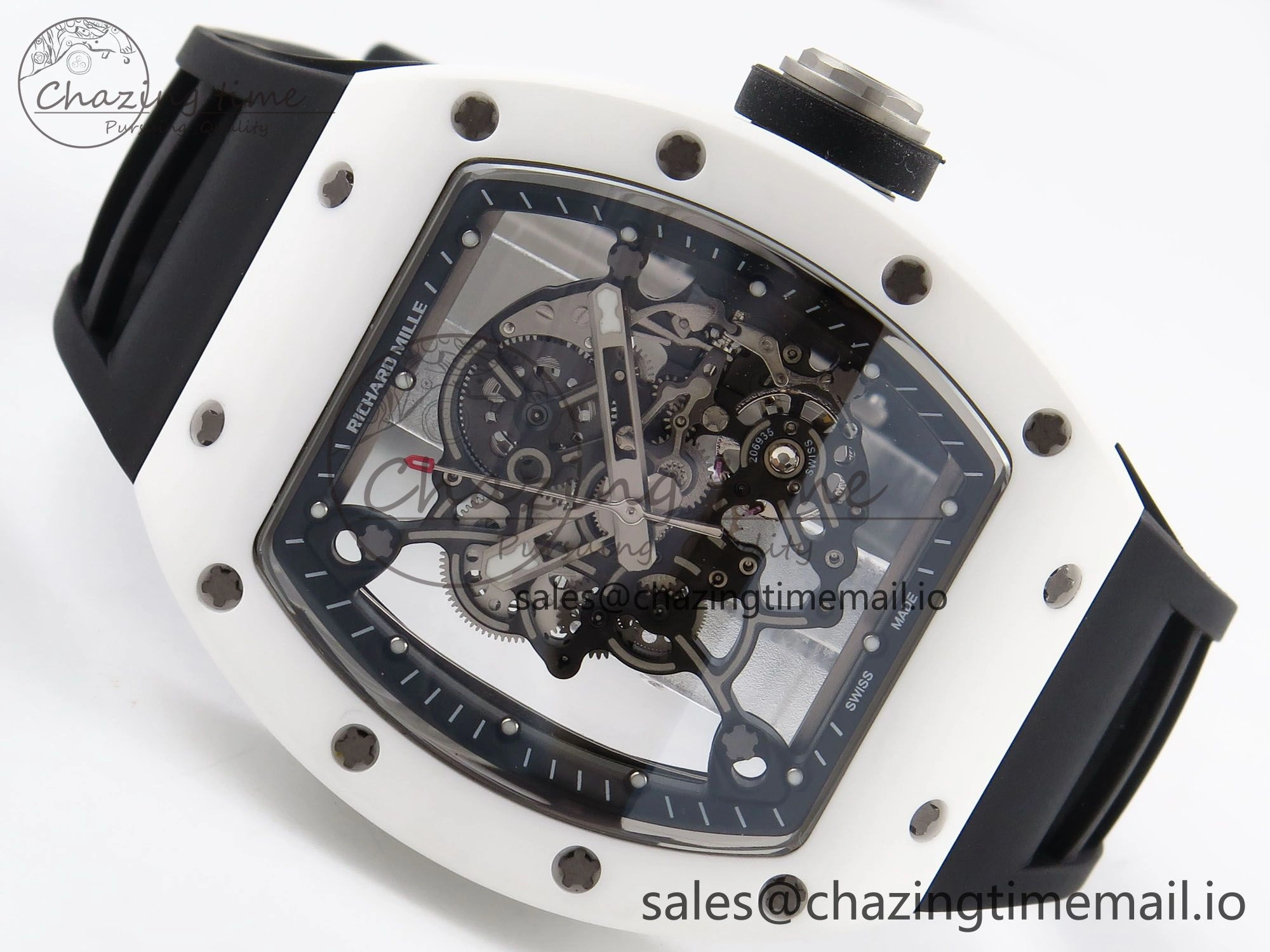 RM055 White Ceramic T+F 1:1 Best Edition Black Skeleton Dial on Black Rubber Strap RMUL2 Super Clone Bright 9244