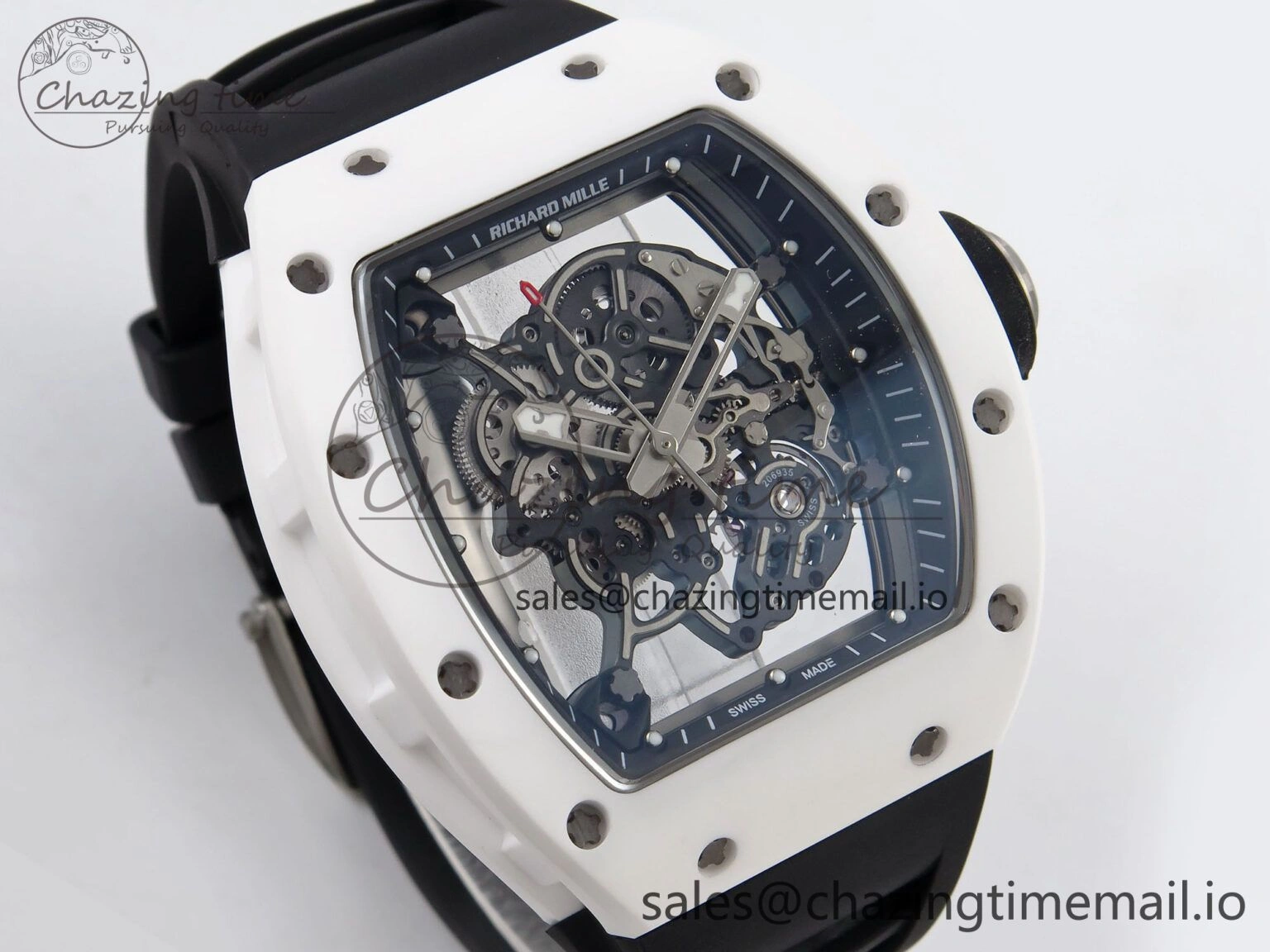 RM055 White Ceramic T+F 1:1 Best Edition Black Skeleton Dial on Black Rubber Strap RMUL2 Super Clone Bright 9244