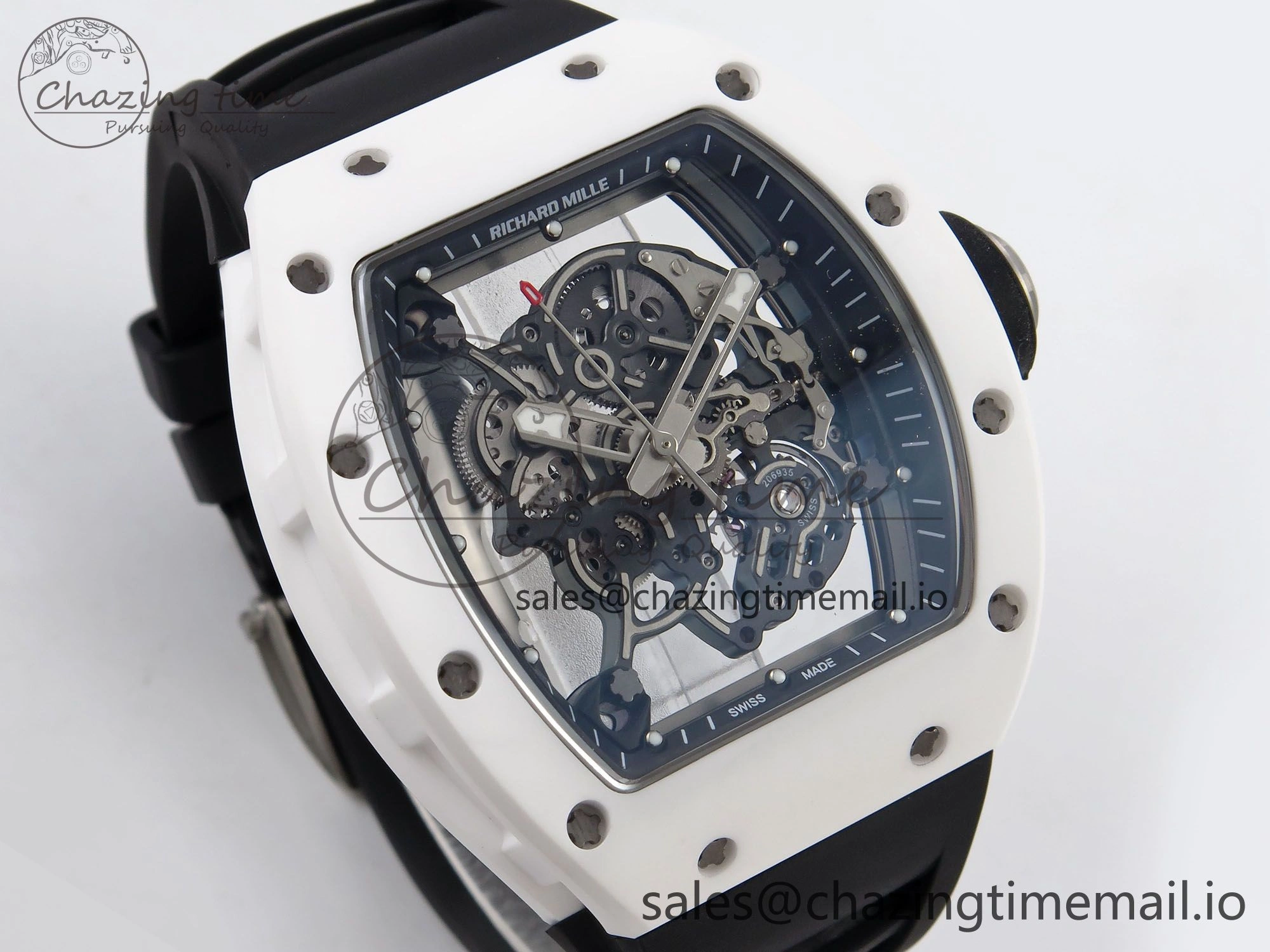 RM055 White Ceramic T+F 1:1 Best Edition Black Skeleton Dial on Black Rubber Strap RMUL2 Super Clone Bright 9244