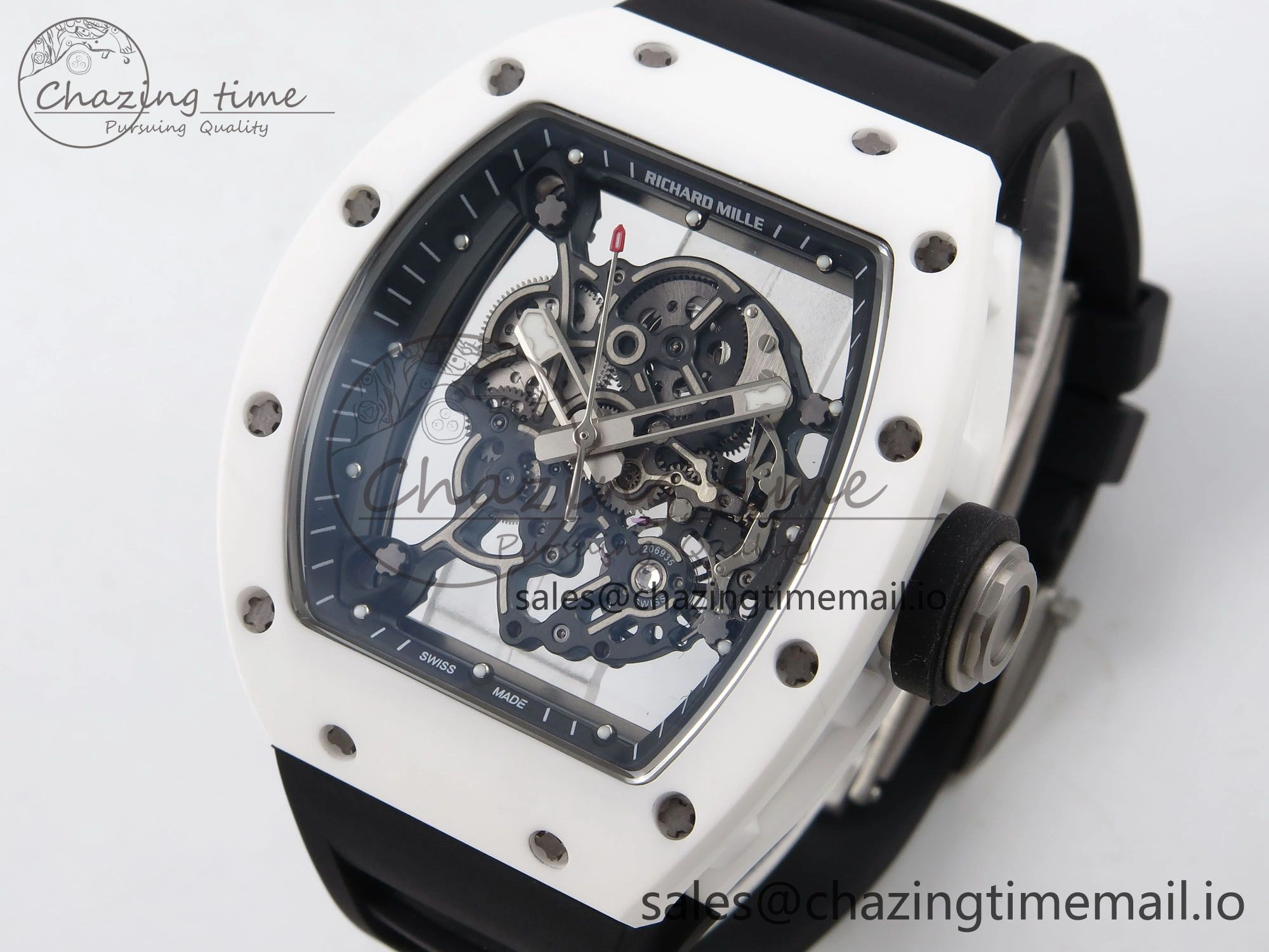 RM055 White Ceramic T+F 1:1 Best Edition Black Skeleton Dial on Black Rubber Strap RMUL2 Super Clone Bright 9244