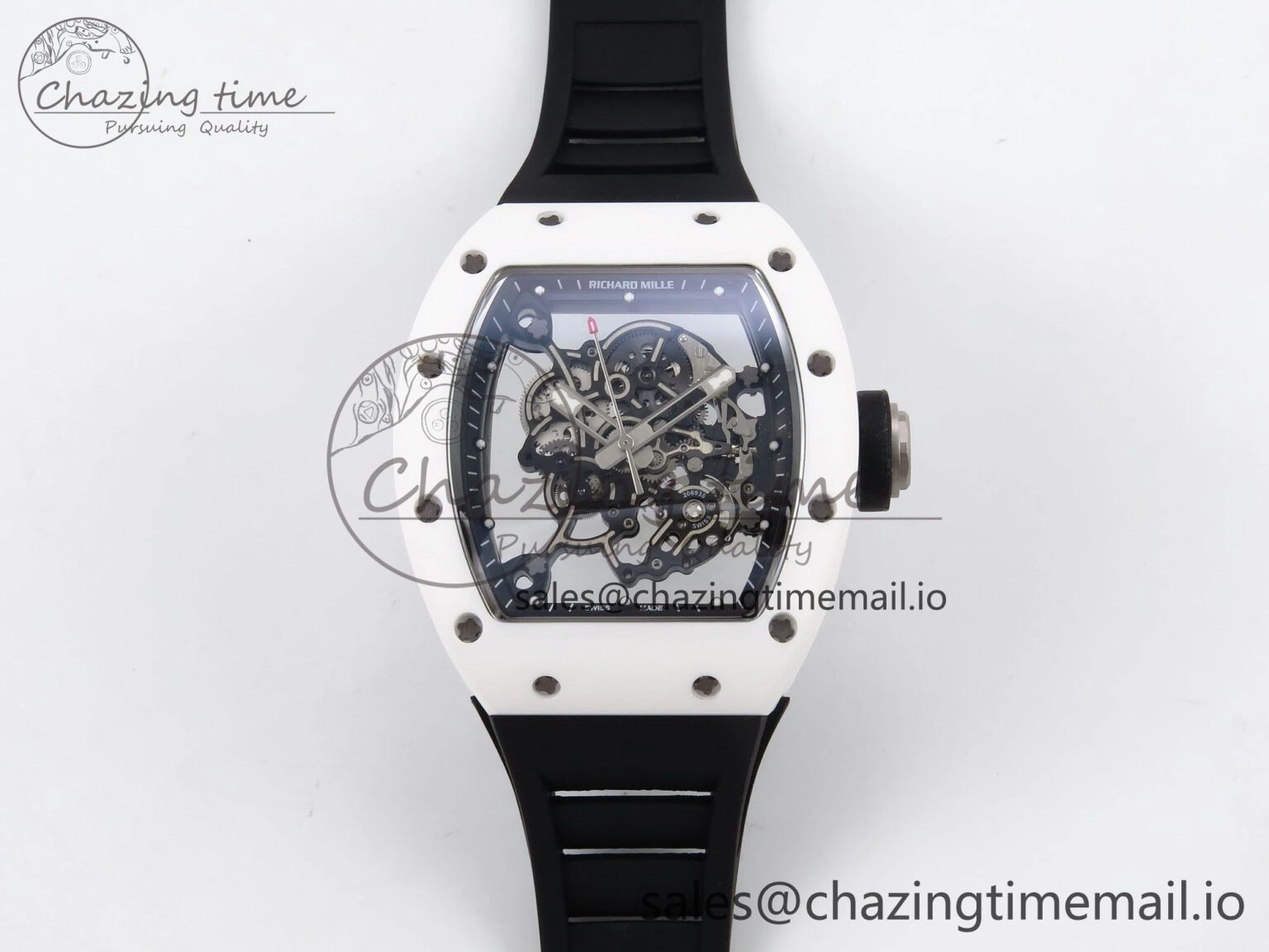 RM055 White Ceramic T+F 1:1 Best Edition Black Skeleton Dial on Black Rubber Strap RMUL2 Super Clone Bright 9244