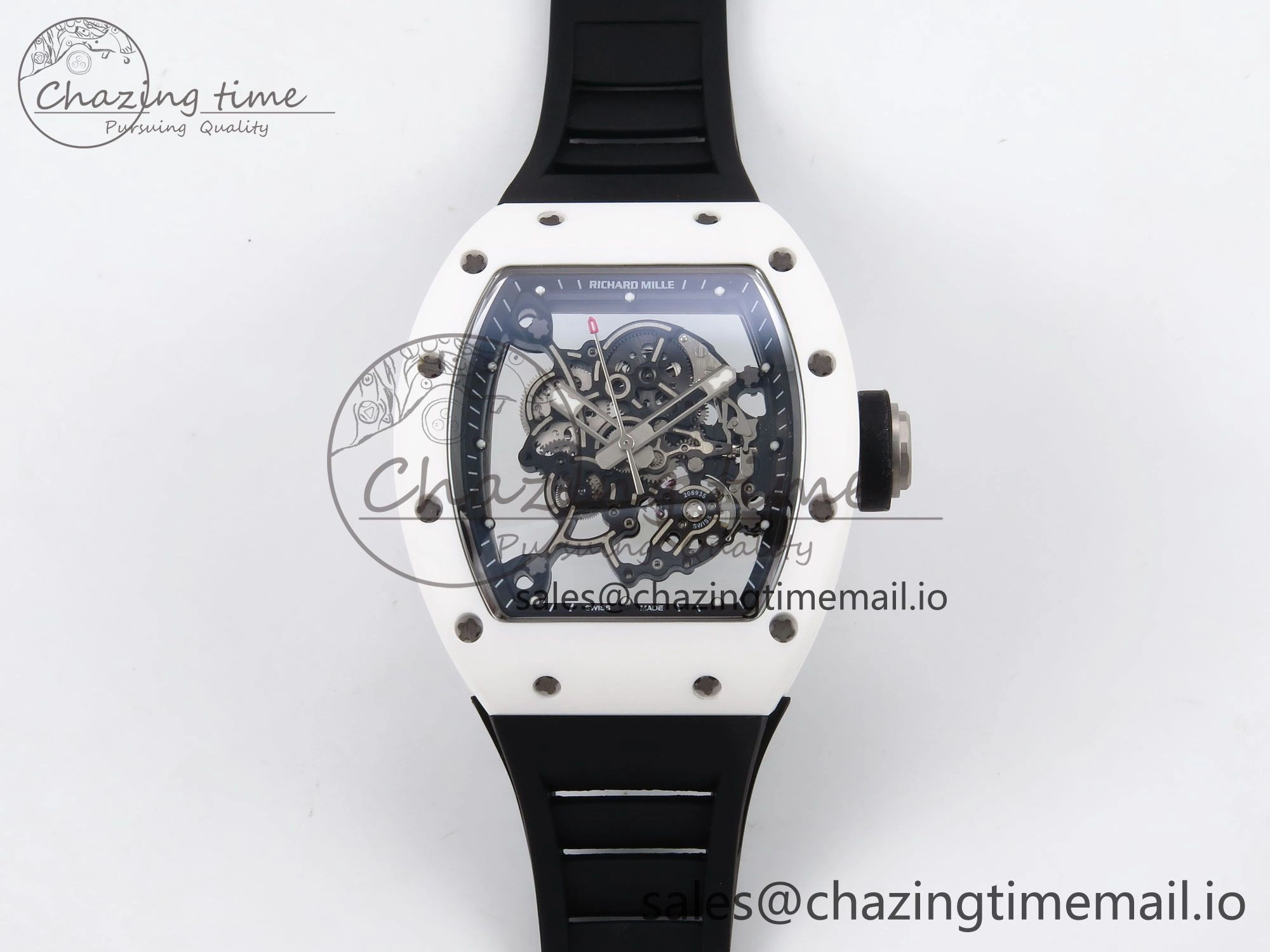 RM055 White Ceramic T+F 1:1 Best Edition Black Skeleton Dial on Black Rubber Strap RMUL2 Super Clone Bright 9244