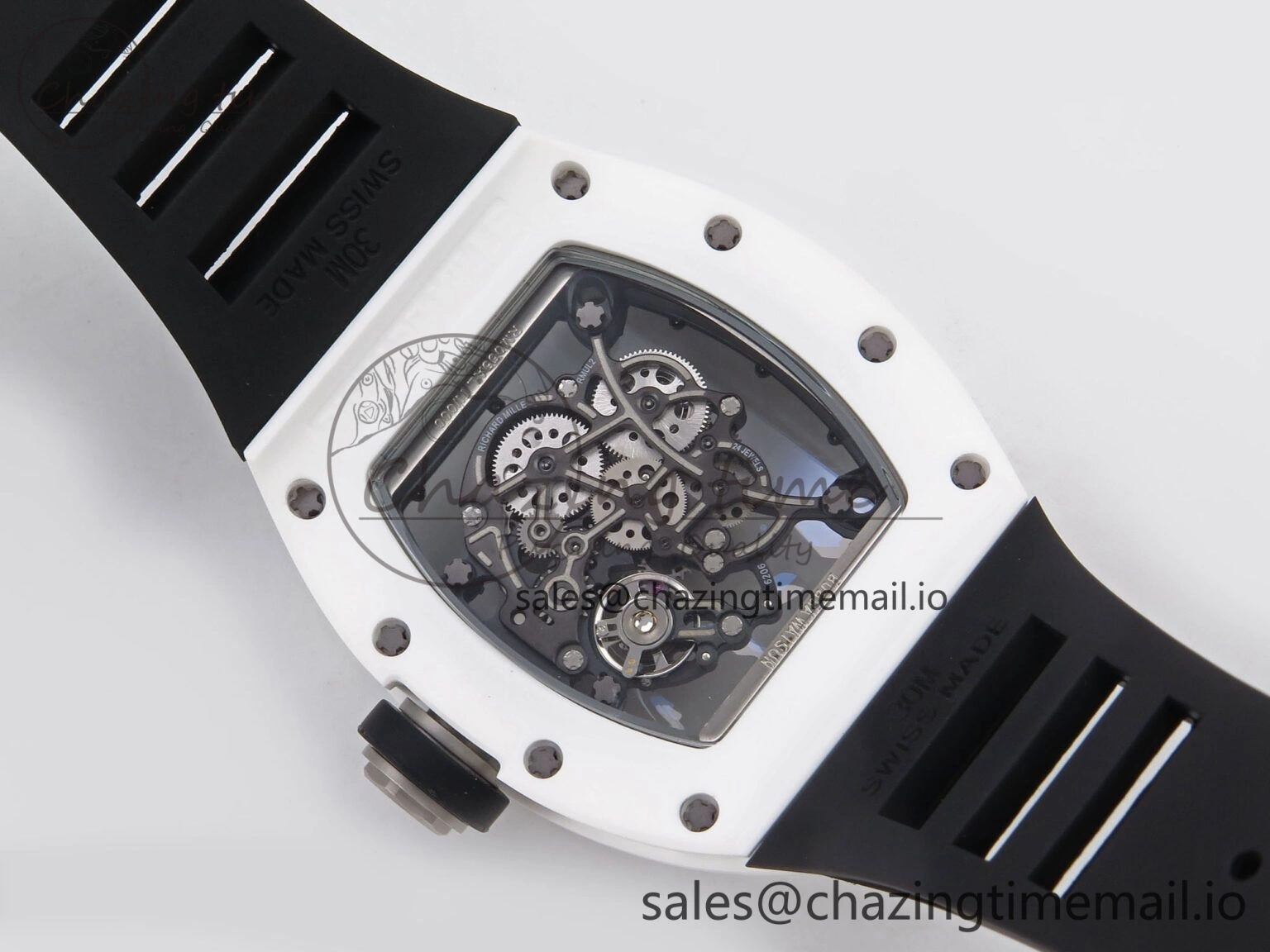 RM055 White Ceramic T+F 1:1 Best Edition Black Skeleton Dial on Black Rubber Strap RMUL2 Super Clone Bright 9244