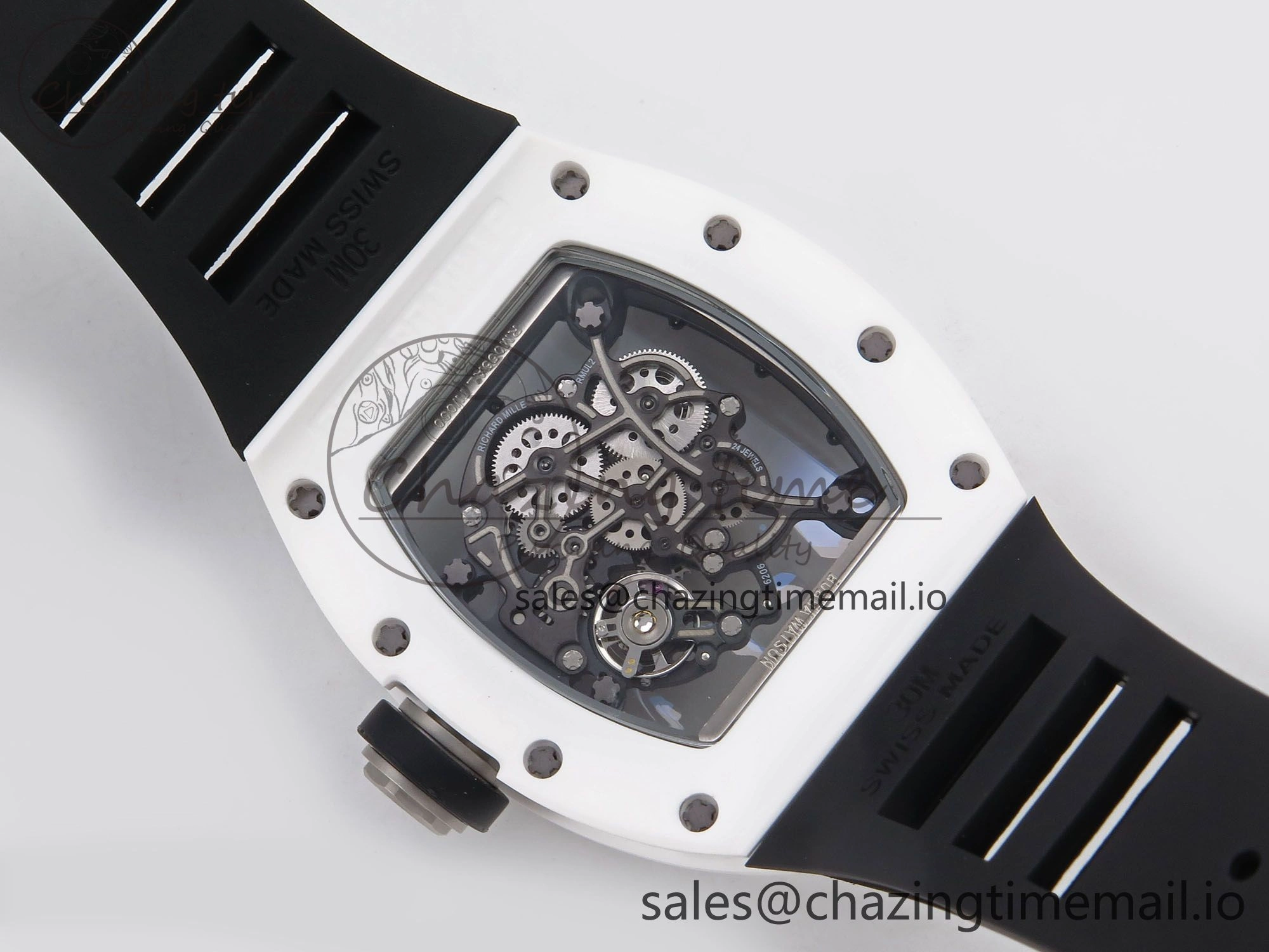 RM055 White Ceramic T+F 1:1 Best Edition Black Skeleton Dial on Black Rubber Strap RMUL2 Super Clone Bright 9244