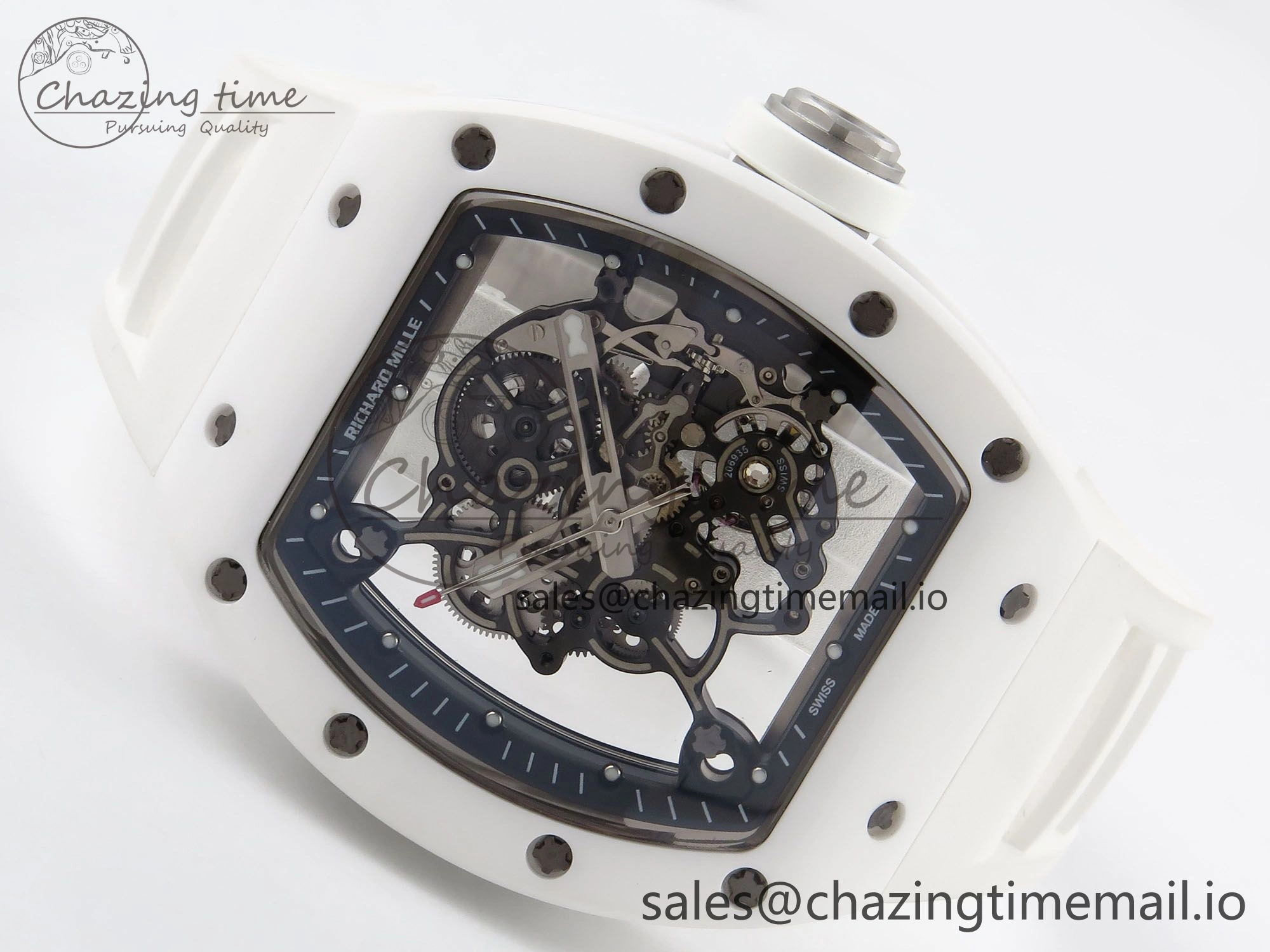RM055 White Ceramic T+F 1:1 Best Edition Black Skeleton Dial on White Rubber Strap RMUL2 Super Clone MultiPurpose 9240